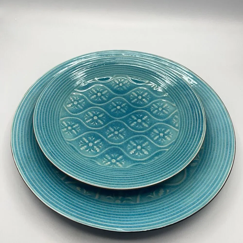 Vintage Set Pier 1 Turquoise Plate Crackle Pattern Stoneware Salad 8.5”  And 11”